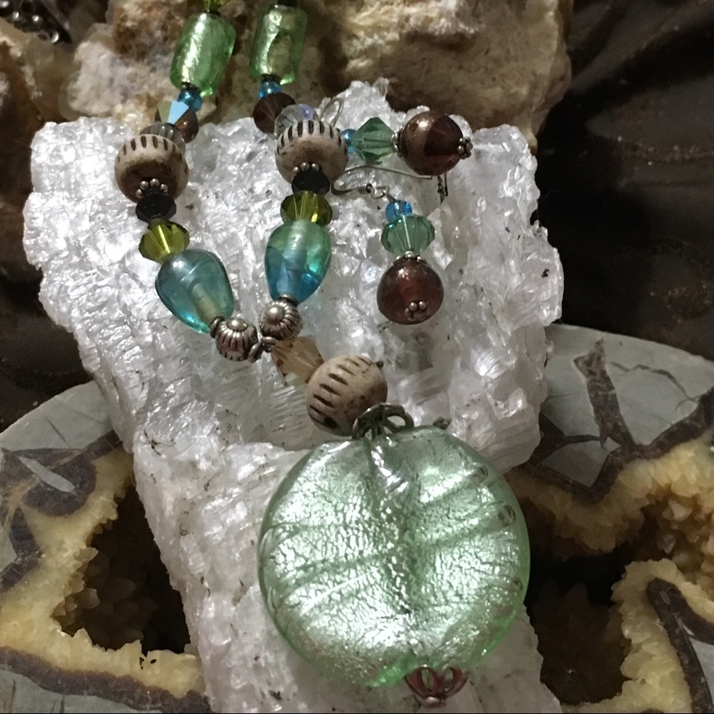 Silver Necklace with Glass Beads & Earrings